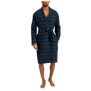 NWT CLUB ROOM Men's Green Blue Plaid Long Sleeve Shawl Collar Flannel Robe NEW
